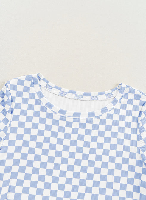 Fitted Checkered Print Ribbed Knit Short Sleeve Shirt