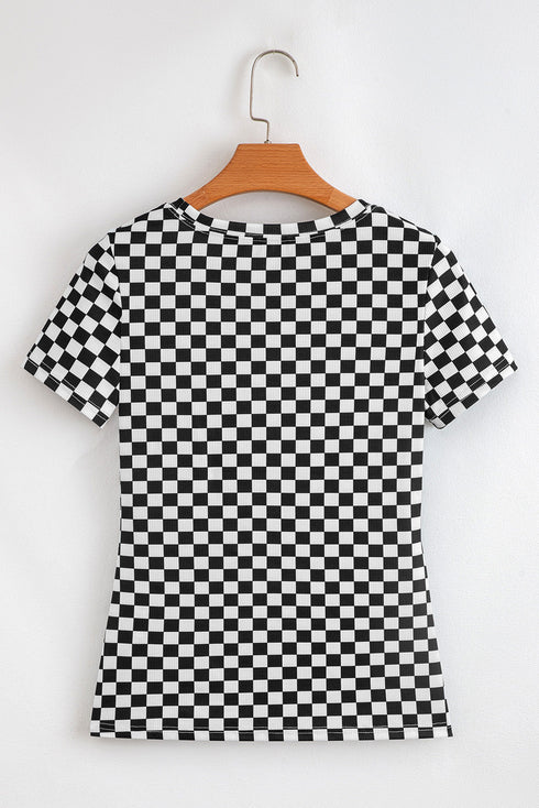 Fitted Checkered Print Ribbed Knit Short Sleeve Shirt