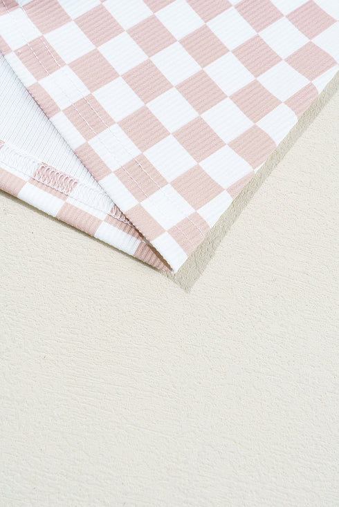 Fitted Checkered Print Ribbed Knit Short Sleeve Shirt