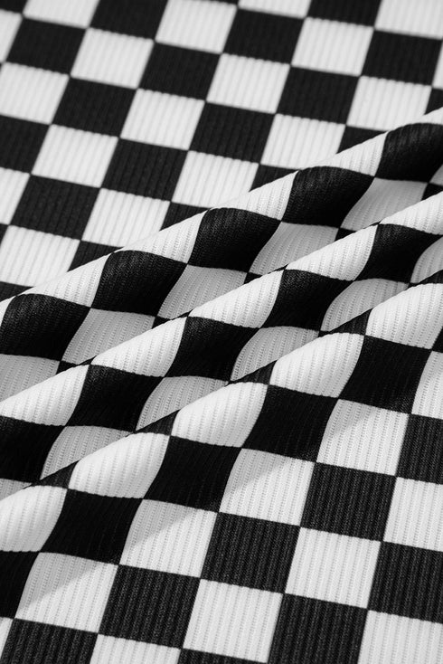 Fitted Checkered Print Ribbed Knit Short Sleeve Shirt