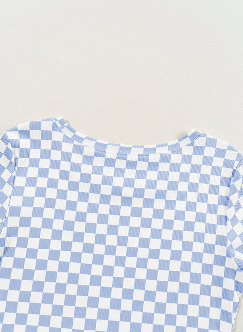 Fitted Checkered Print Ribbed Knit Short Sleeve Shirt