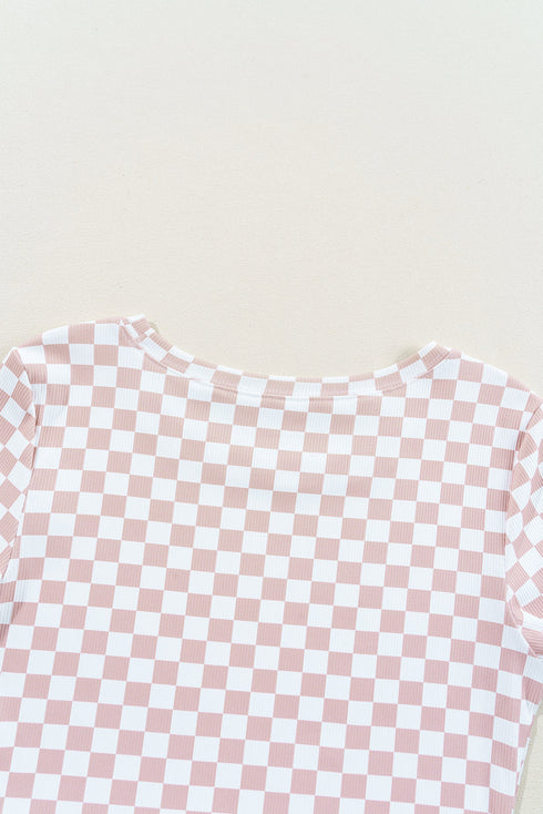 Fitted Checkered Print Ribbed Knit Short Sleeve Shirt