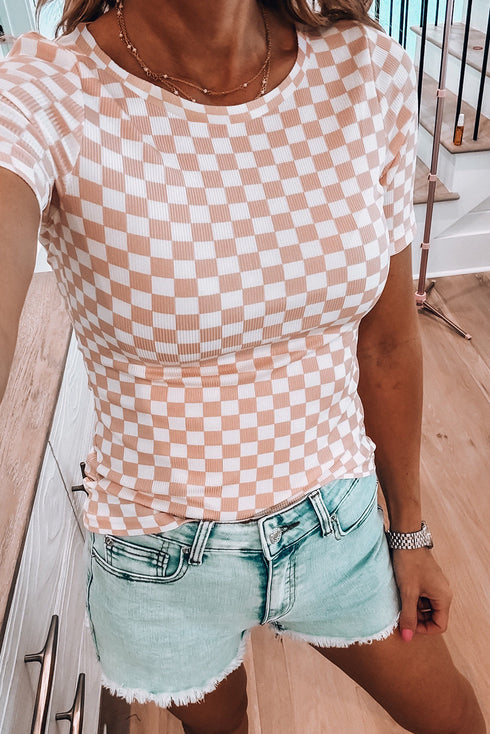 Fitted Checkered Print Ribbed Knit Short Sleeve Shirt