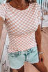 Fitted Checkered Print Ribbed Knit Short Sleeve Shirt