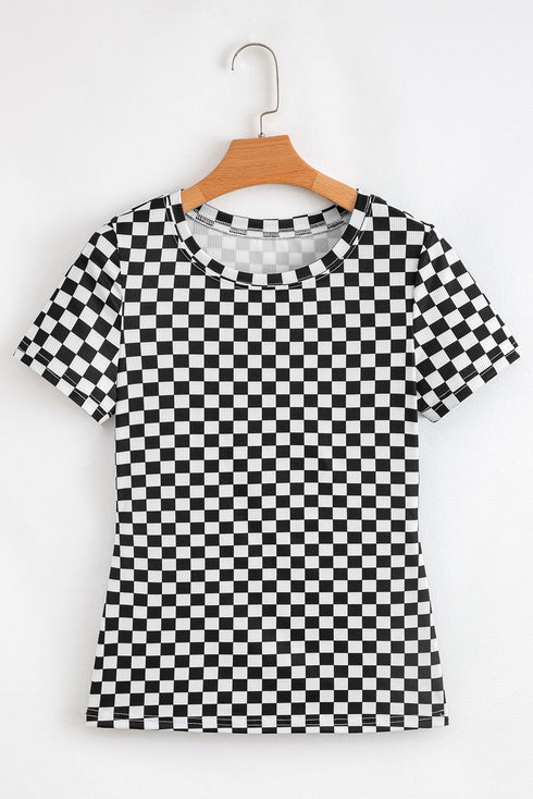 Fitted Checkered Print Ribbed Knit Short Sleeve Shirt