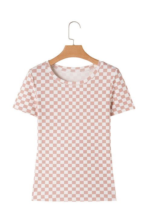Fitted Checkered Print Ribbed Knit Short Sleeve Shirt
