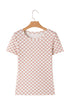 Fitted Checkered Print Ribbed Knit Short Sleeve Shirt