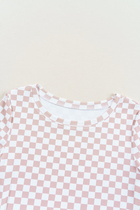 Fitted Checkered Print Ribbed Knit Short Sleeve Shirt