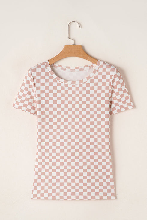 Fitted Checkered Print Ribbed Knit Short Sleeve Shirt