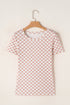 Fitted Checkered Print Ribbed Knit Short Sleeve Shirt