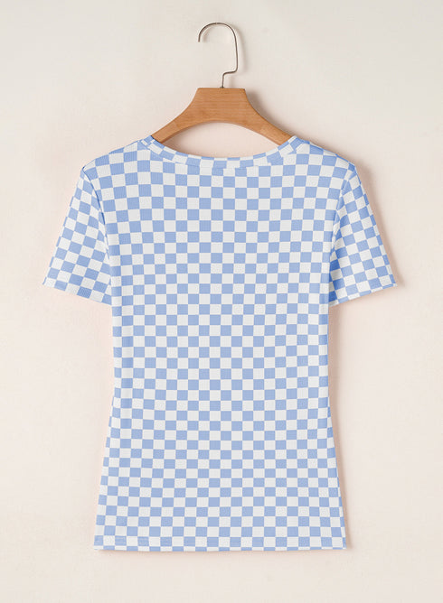Fitted Checkered Print Ribbed Knit Short Sleeve Shirt
