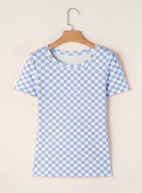 Fitted Checkered Print Ribbed Knit Short Sleeve Shirt