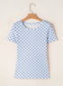 Fitted Checkered Print Ribbed Knit Short Sleeve Shirt