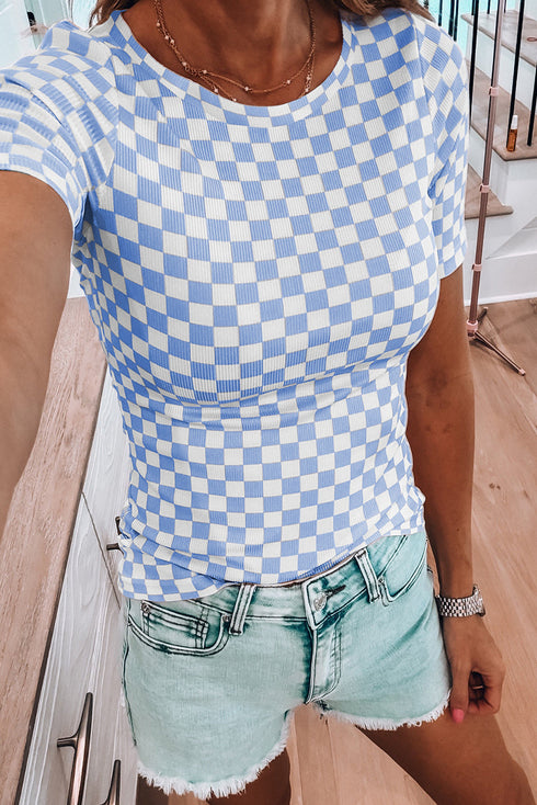 Fitted Checkered Print Ribbed Knit Short Sleeve Shirt