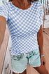 Fitted Checkered Print Ribbed Knit Short Sleeve Shirt