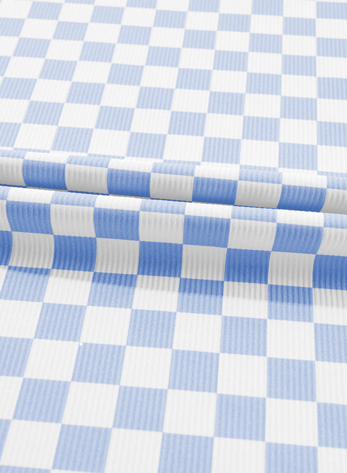 Fitted Checkered Print Ribbed Knit Short Sleeve Shirt