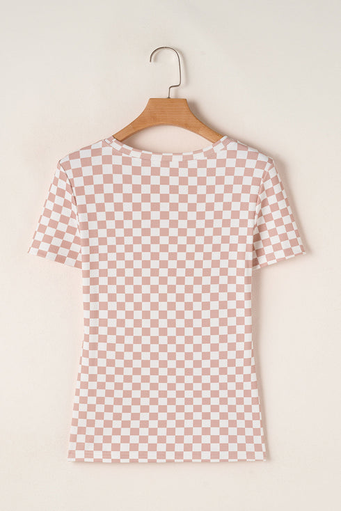 Fitted Checkered Print Ribbed Knit Short Sleeve Shirt