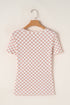 Fitted Checkered Print Ribbed Knit Short Sleeve Shirt