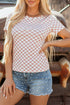 Fitted Checkered Print Ribbed Knit Short Sleeve Shirt