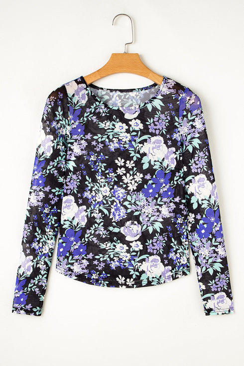 Fitted Floral Print Sheer Mesh Long Sleeve Top