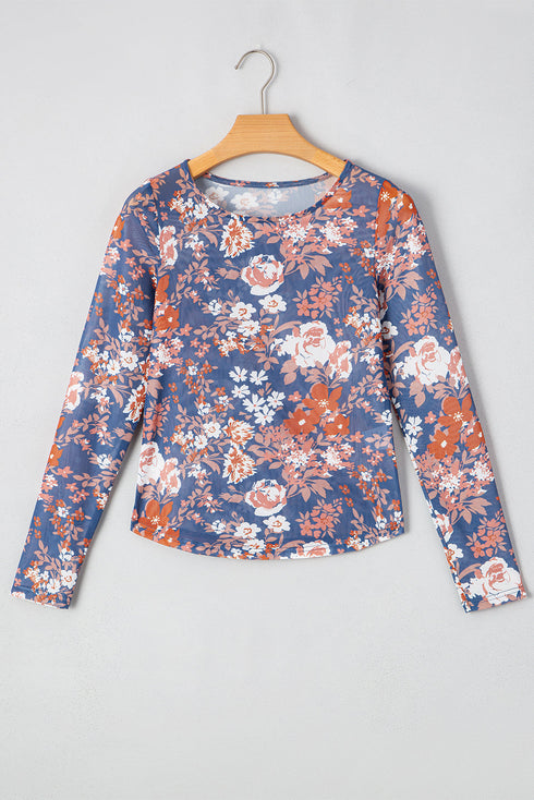 Fitted Floral Print Sheer Mesh Long Sleeve Top