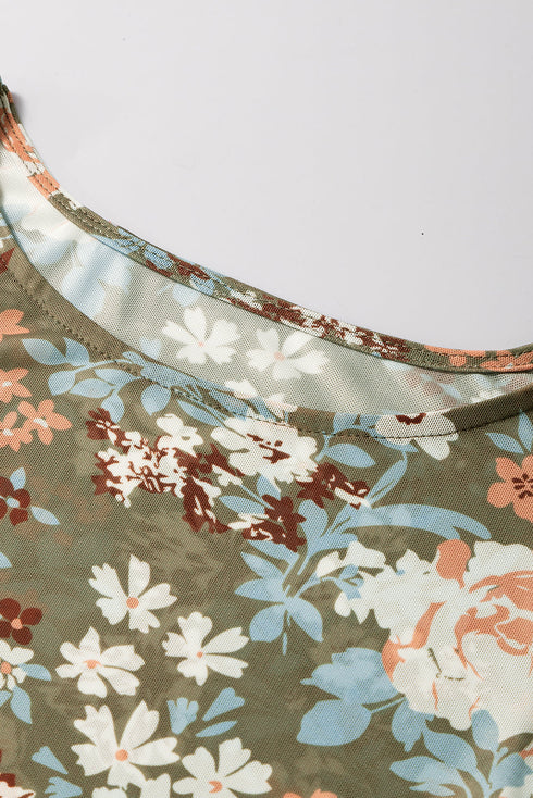 Fitted Floral Print Sheer Mesh Long Sleeve Top