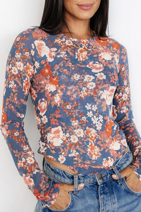 Fitted Floral Print Sheer Mesh Long Sleeve Top