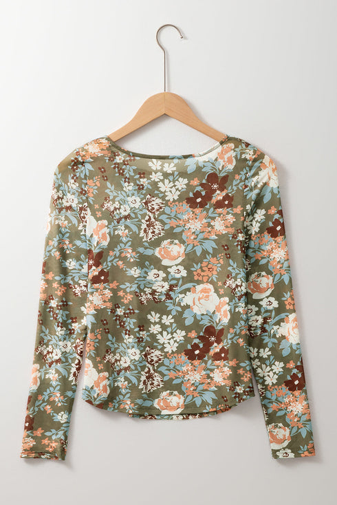 Fitted Floral Print Sheer Mesh Long Sleeve Top