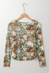 Fitted Floral Print Sheer Mesh Long Sleeve Top