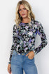 Fitted Floral Print Sheer Mesh Long Sleeve Top