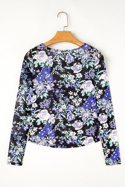 Fitted Floral Print Sheer Mesh Long Sleeve Top