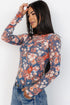 Fitted Floral Print Sheer Mesh Long Sleeve Top