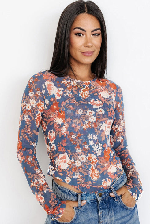Fitted Floral Print Sheer Mesh Long Sleeve Top