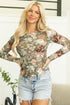 Fitted Floral Print Sheer Mesh Long Sleeve Top