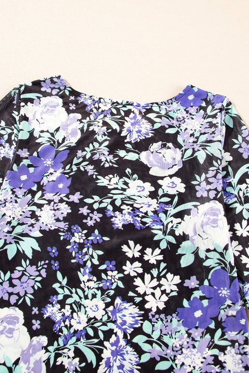 Fitted Floral Print Sheer Mesh Long Sleeve Top