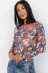 Fitted Floral Print Sheer Mesh Long Sleeve Top