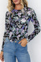 Fitted Floral Print Sheer Mesh Long Sleeve Top