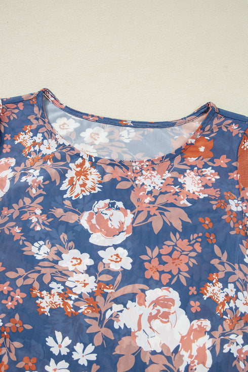 Fitted Floral Print Sheer Mesh Long Sleeve Top
