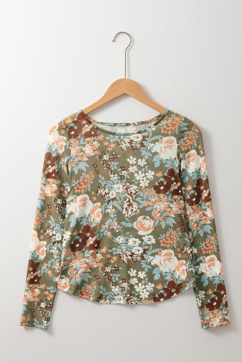 Fitted Floral Print Sheer Mesh Long Sleeve Top