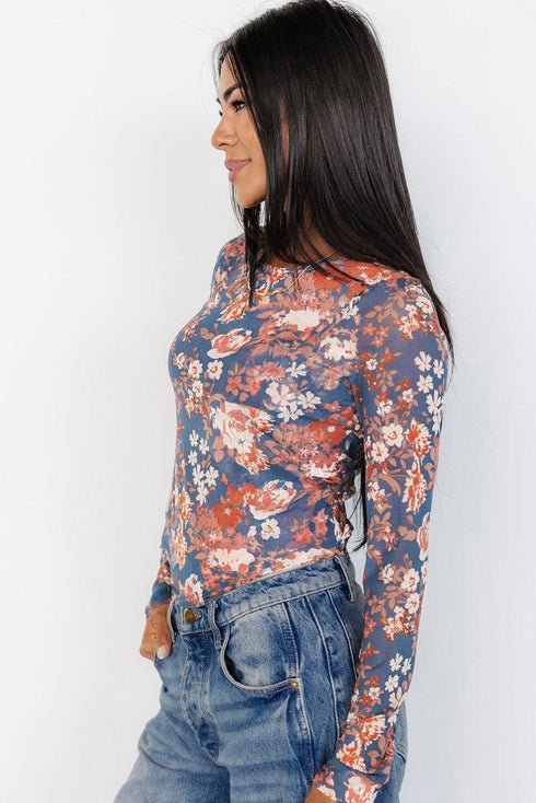 Fitted Floral Print Sheer Mesh Long Sleeve Top