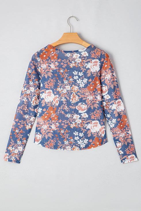 Fitted Floral Print Sheer Mesh Long Sleeve Top
