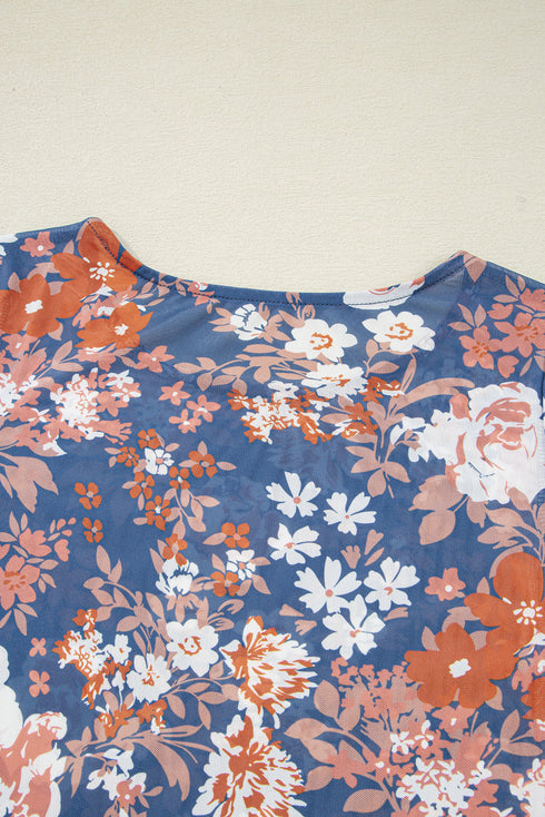 Fitted Floral Print Sheer Mesh Long Sleeve Top