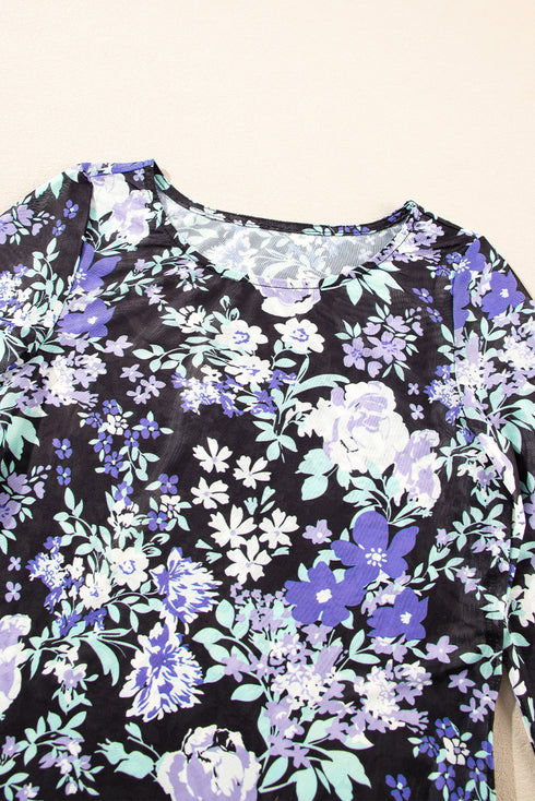 Fitted Floral Print Sheer Mesh Long Sleeve Top