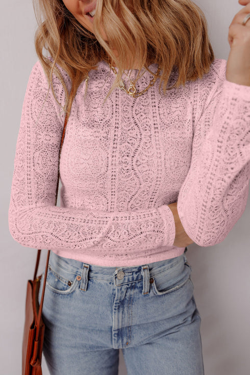Fitted Long Sleeve Textured Lace Crew Neck Top