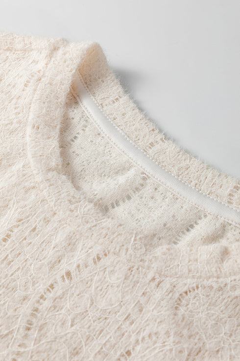 Fitted Long Sleeve Textured Lace Crew Neck Top