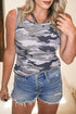 Fitted Ribbed Knit Camouflage Print Scoop Neck Tank Top
