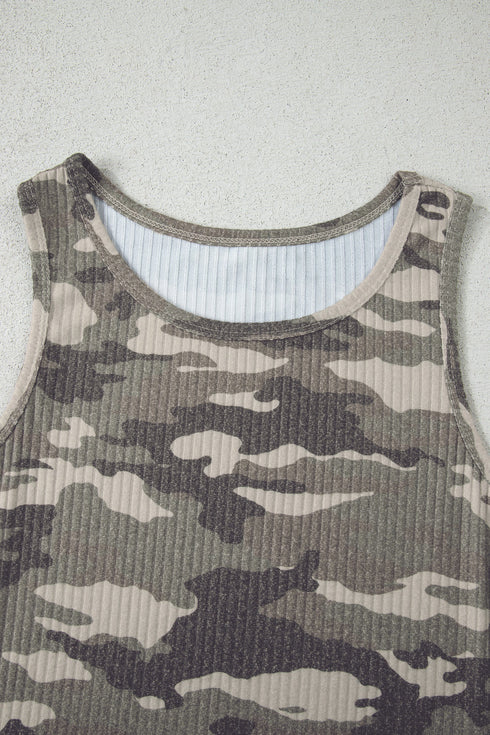 Fitted Ribbed Knit Camouflage Print Scoop Neck Tank Top