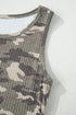 Fitted Ribbed Knit Camouflage Print Scoop Neck Tank Top