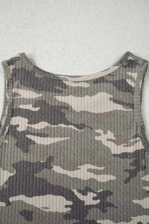 Fitted Ribbed Knit Camouflage Print Scoop Neck Tank Top