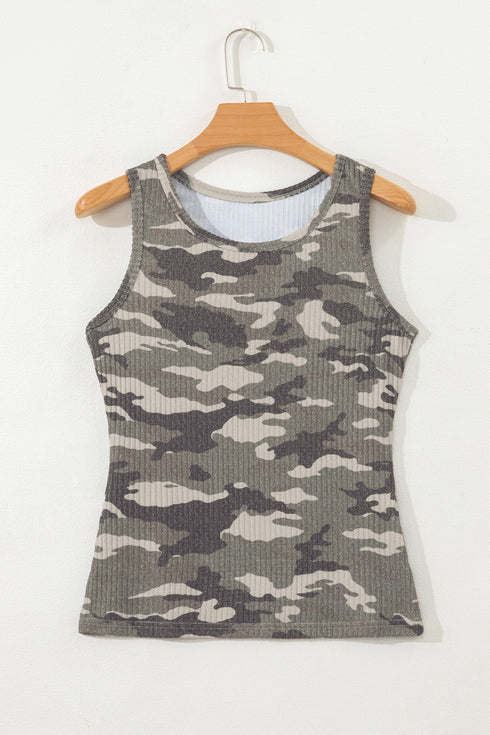 Fitted Ribbed Knit Camouflage Print Scoop Neck Tank Top